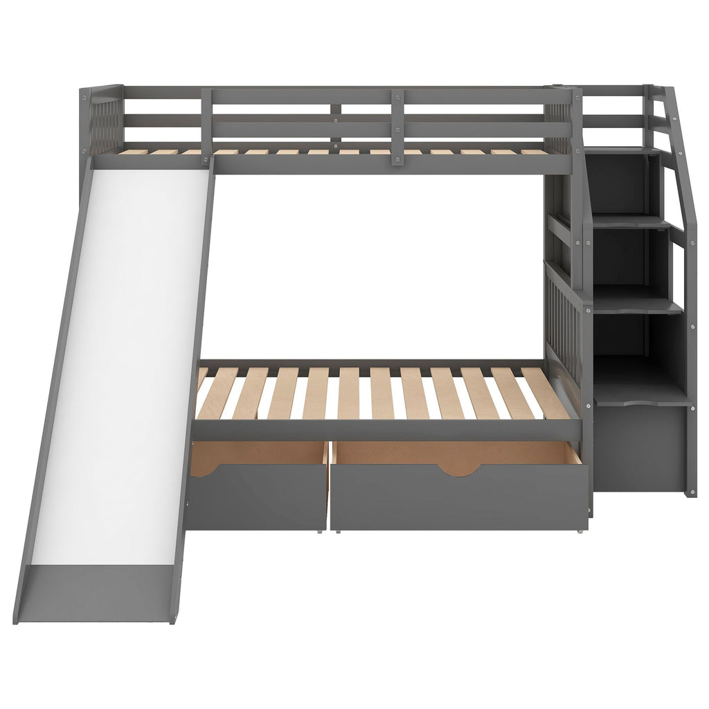 Bunk Bed with Storage Staircase, Slide & Desk - Twin or Full - Dark Gray or White