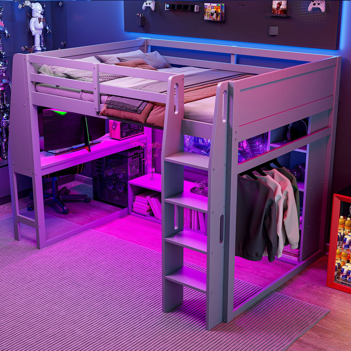Gaming Loft Bed with Desk and Storage Shelves – LED Lighting – Black or Dark Gray