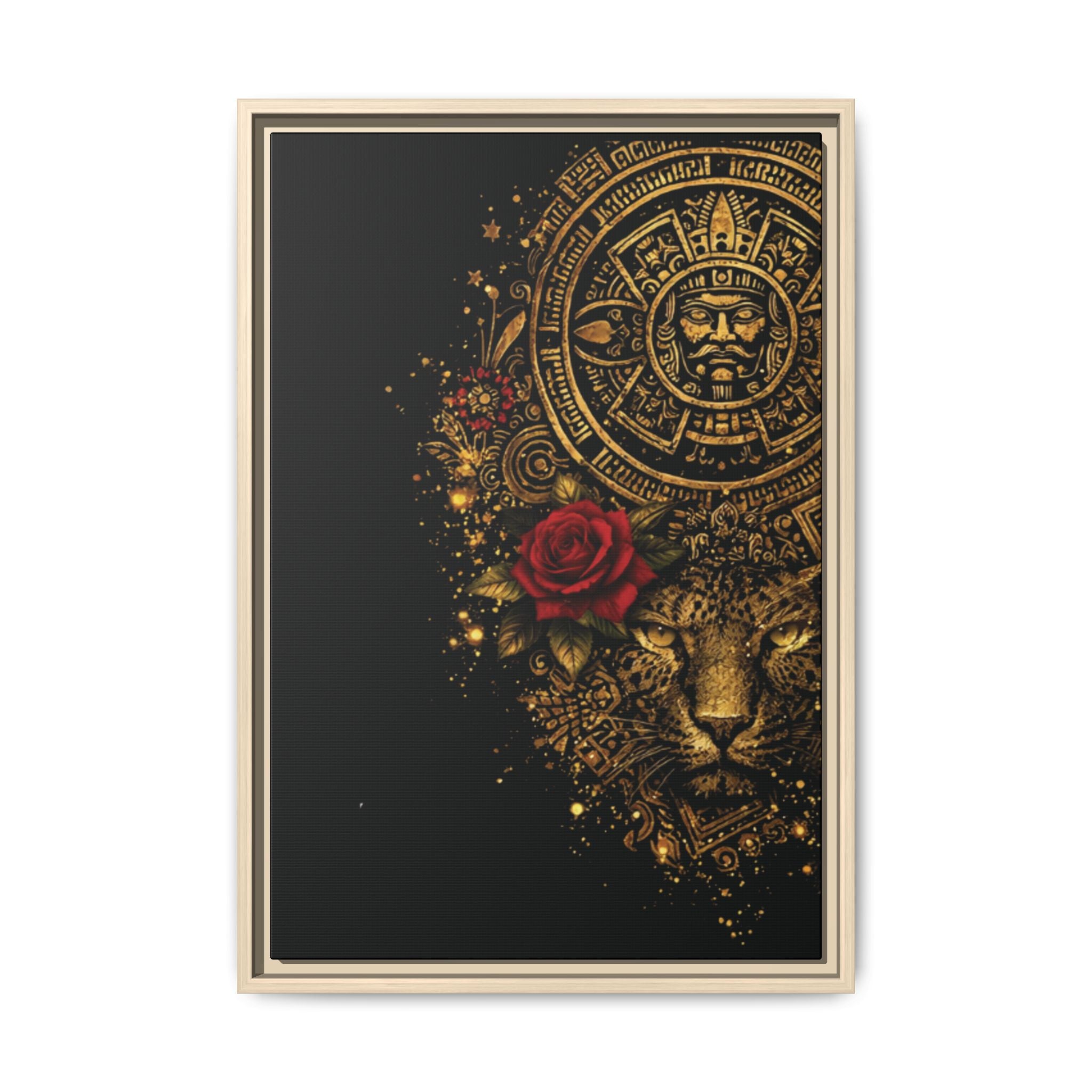 Reina Azteca Art Print — Framed Matte Canvas with Red Rose
