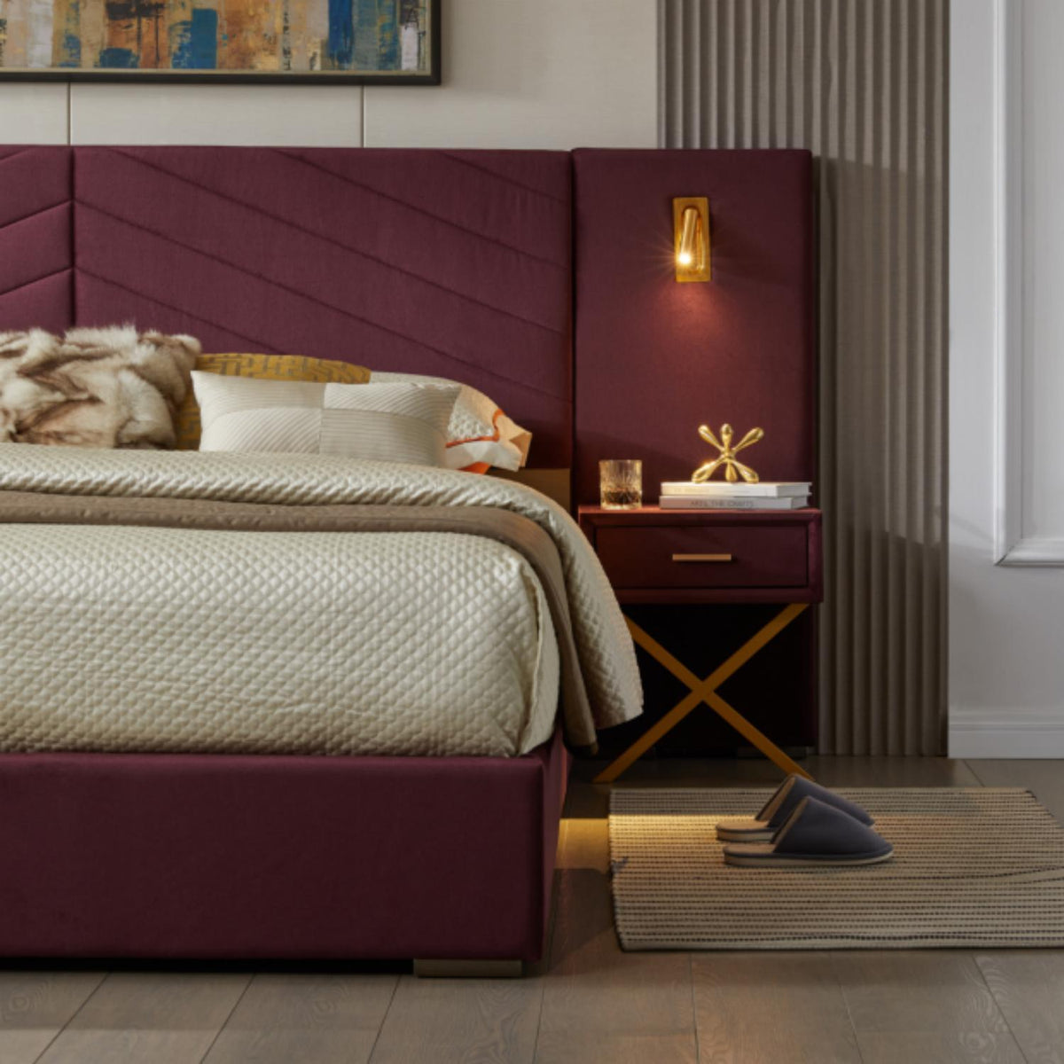 Upholstered Bed with Vertical Channel Tufted Wingback Headboard - Blue or Red