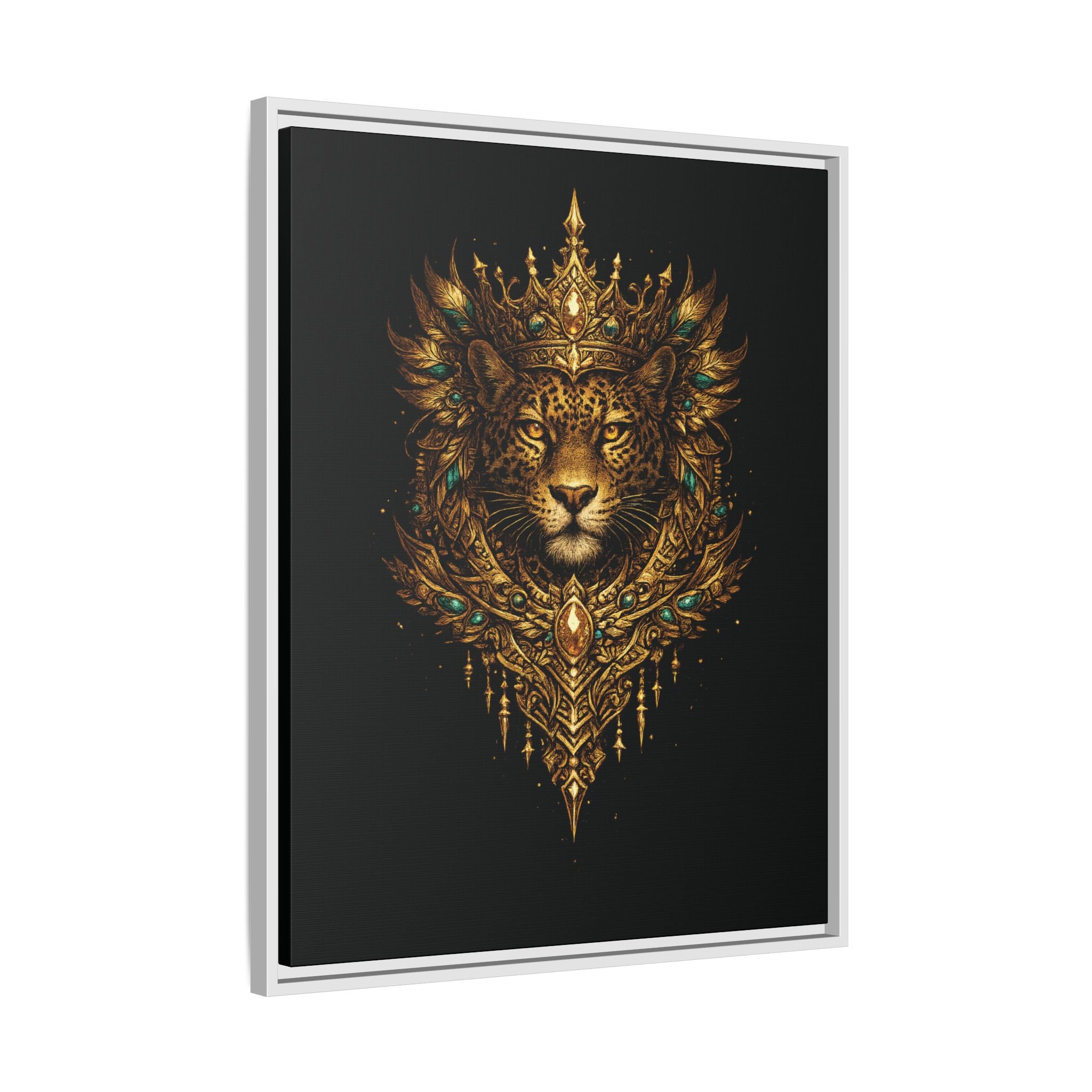 Golden Crowned Jaguar Canvas Art — Gold Crowned Lion Matte Framed Print