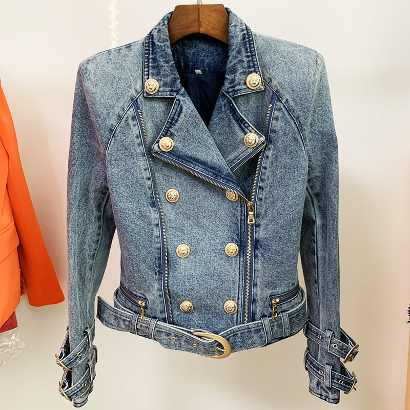 HIGH QUALITY Newest Designer Fashion Designer Jackets Women's Zippers Lion Buttons Biker Denim Motorcycle Jacket