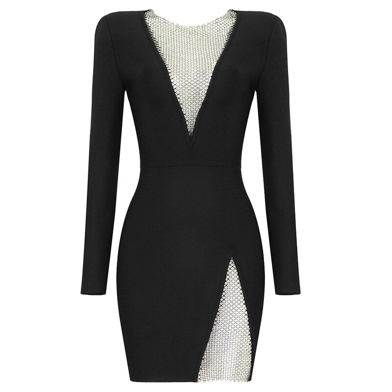 Women Winter Sexy Long Sleeve O Neck Mesh Diamonds Black Mini Bodycon Bandage Dress Elegant Evening Party Dress