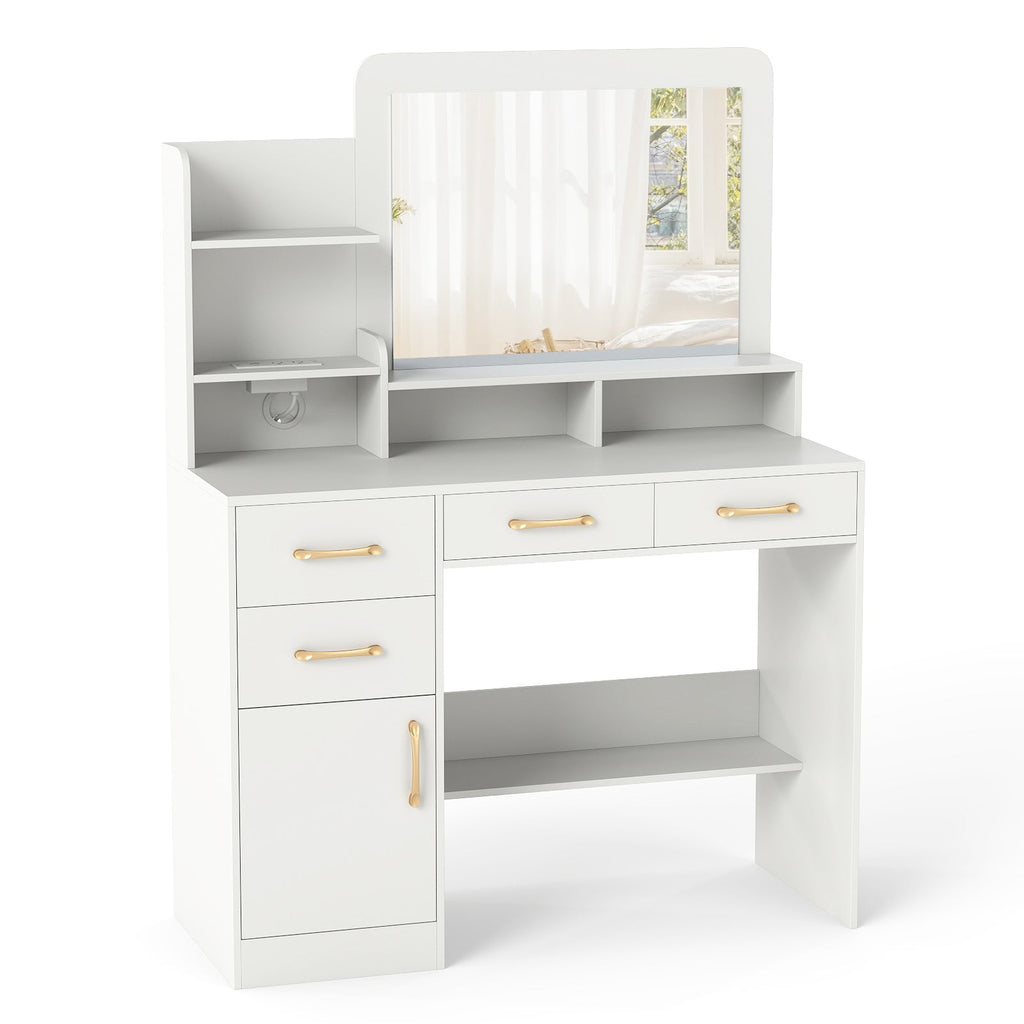 39.5 Inch Vanity Desk with Power Outlets and Mirror for Bedroom-White