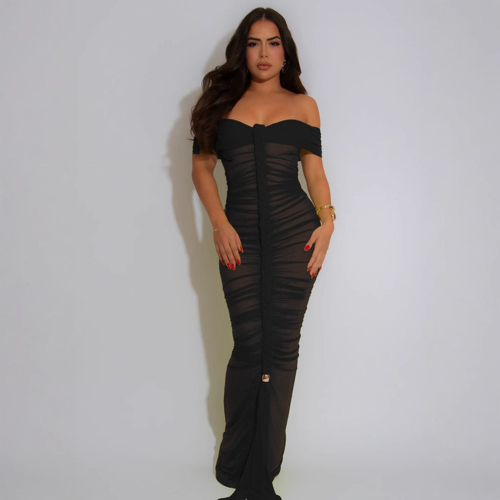 Sheer Mesh Ruched Maxi Dress