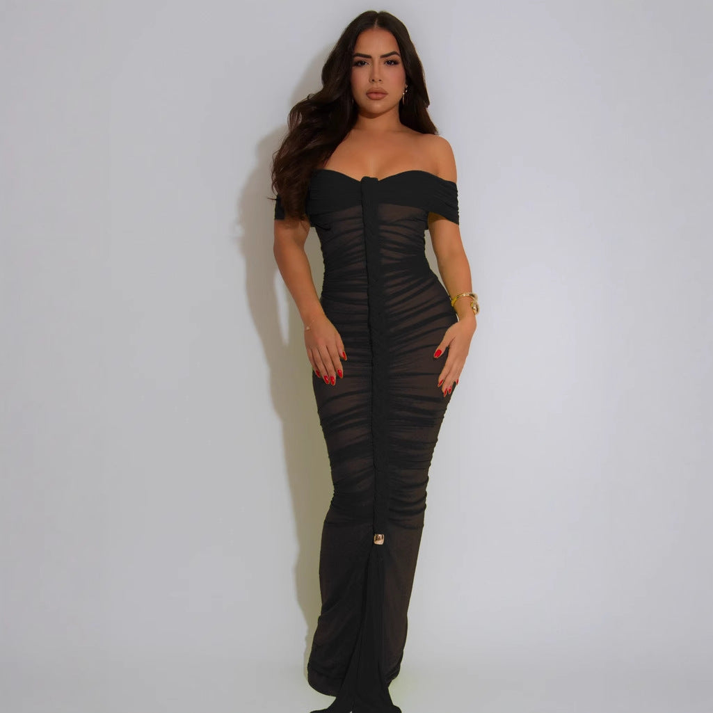 Sheer Mesh Ruched Maxi Dress