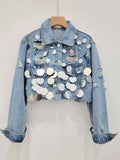Women's Denim Coat Patchwork Sequins Broken Holes Diamonds Short Single Breasted Jackets  Autumn New Fashion