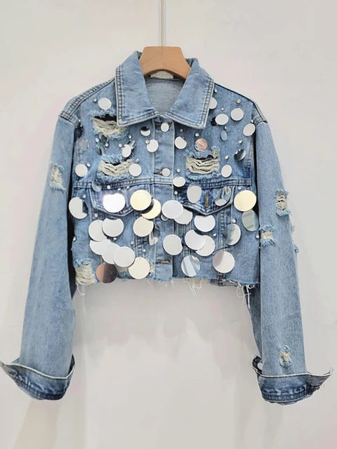 Women's Denim Coat Patchwork Sequins Broken Holes Diamonds Short Single Breasted Jackets  Autumn New Fashion