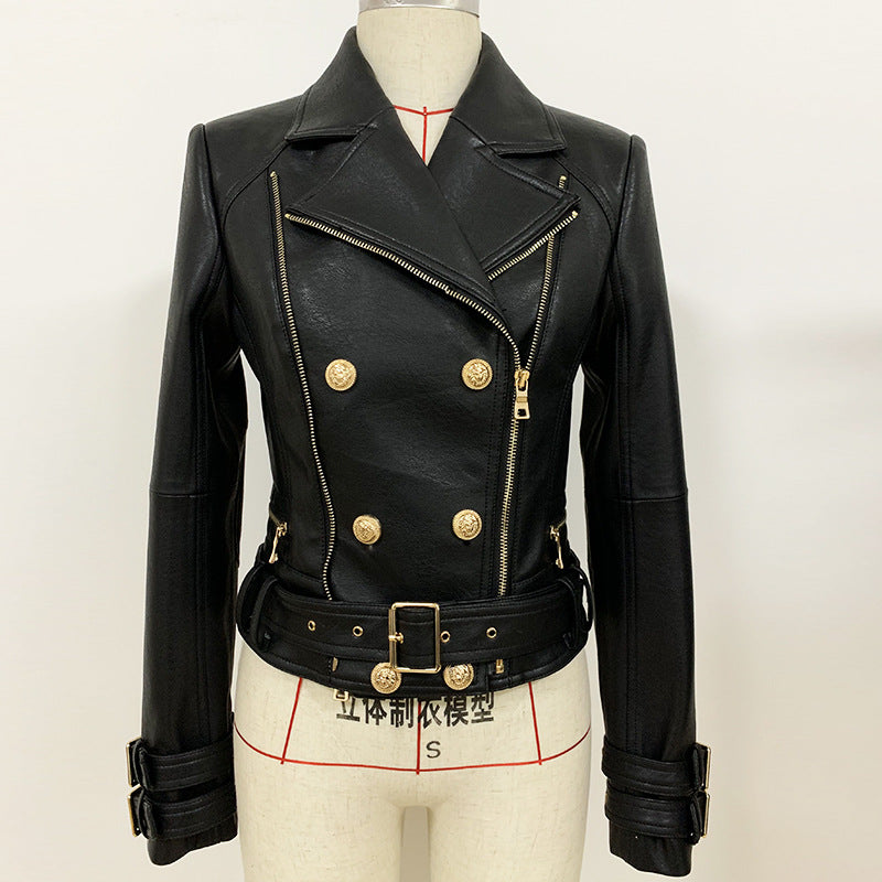 New Women's Jacket Fashion Lion Button Slim Fit Double Zipper Inclined Zipper Motorcycle Leather Coat