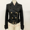 New Women's Jacket Fashion Lion Button Slim Fit Double Zipper Inclined Zipper Motorcycle Leather Coat