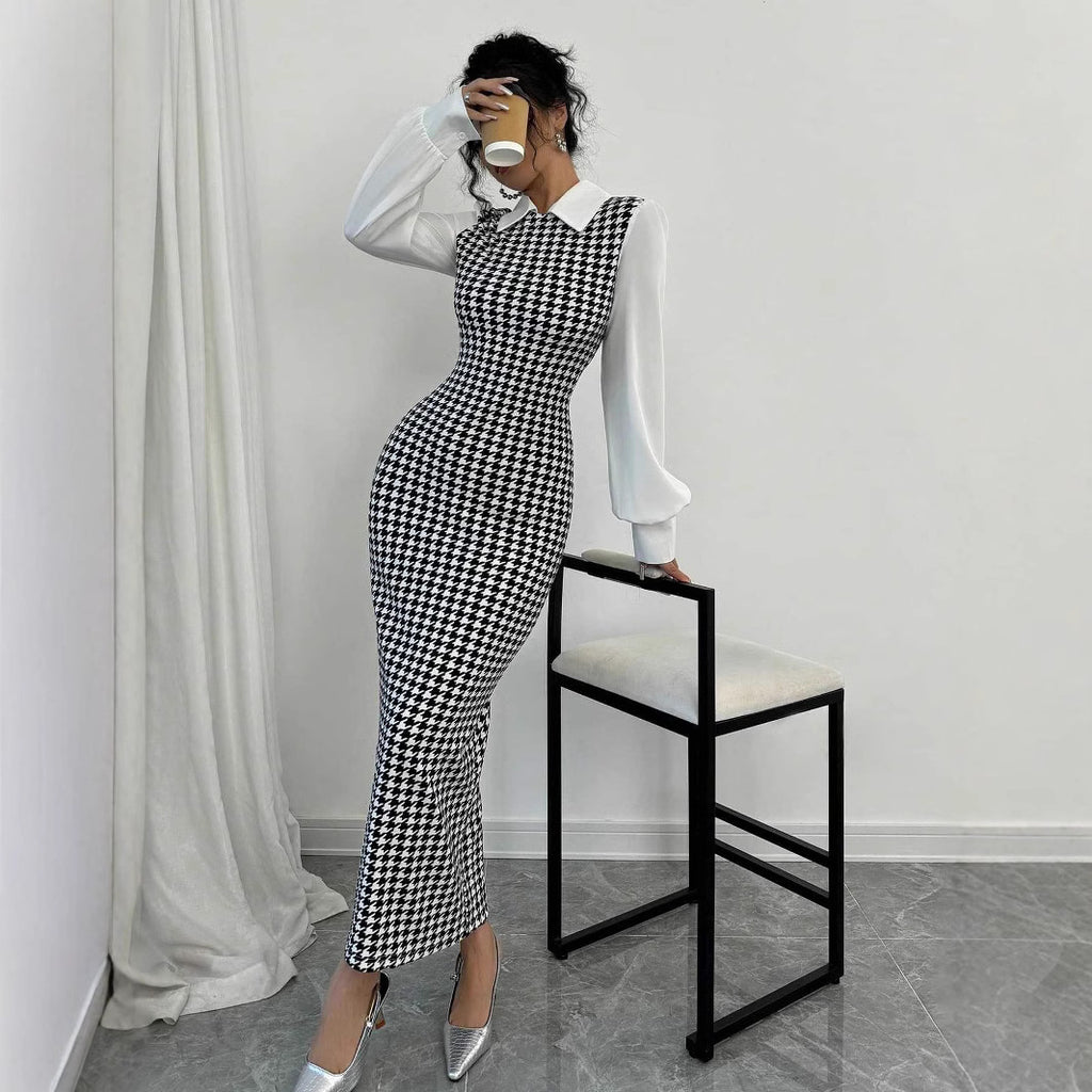 Elegant Fitted Bubble Sleeve Dress with Houndstooth Pattern, Bodycon Long Dress