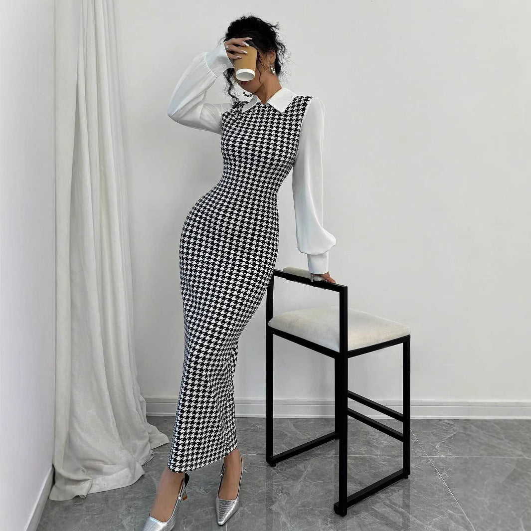 Elegant Fitted Bubble Sleeve Dress with Houndstooth Pattern, Bodycon Long Dress
