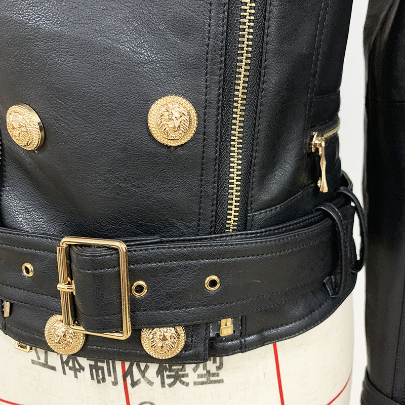 New Women's Jacket Fashion Lion Button Slim Fit Double Zipper Inclined Zipper Motorcycle Leather Coat