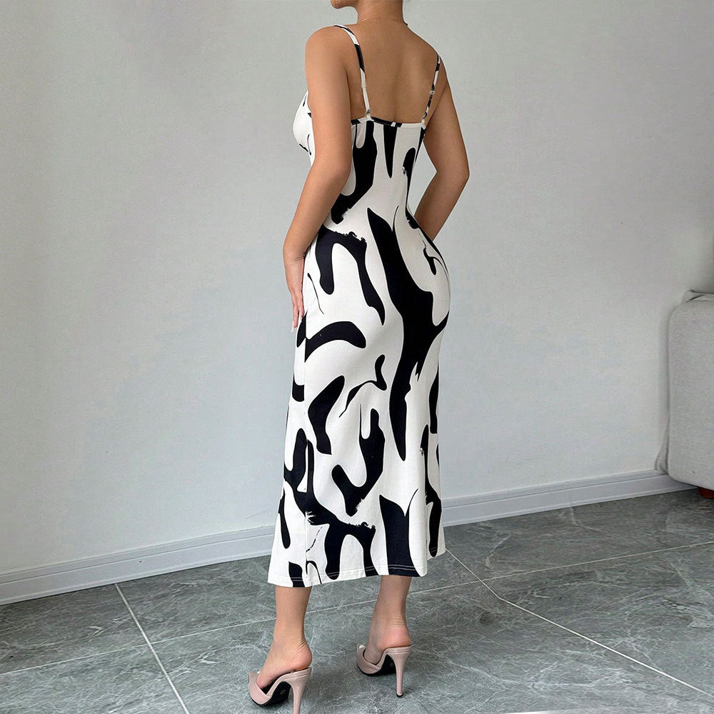 Intellectual style cow patterned dress with suspender and mid length skirt