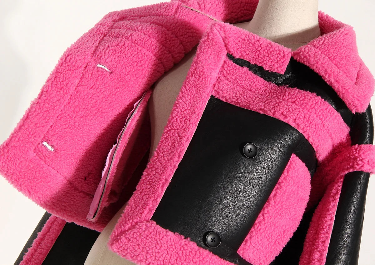 Women Fake Fur Coat Autumn Winter Color Matching Motorcycle One Piece Jacket Fashion All Matching Ladies Warm Tops New