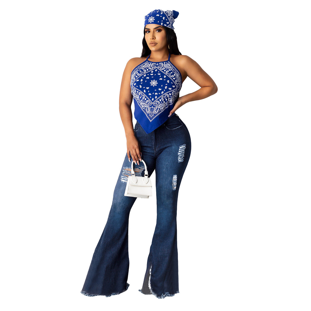 Women's ripped high waisted flared pants, jeans