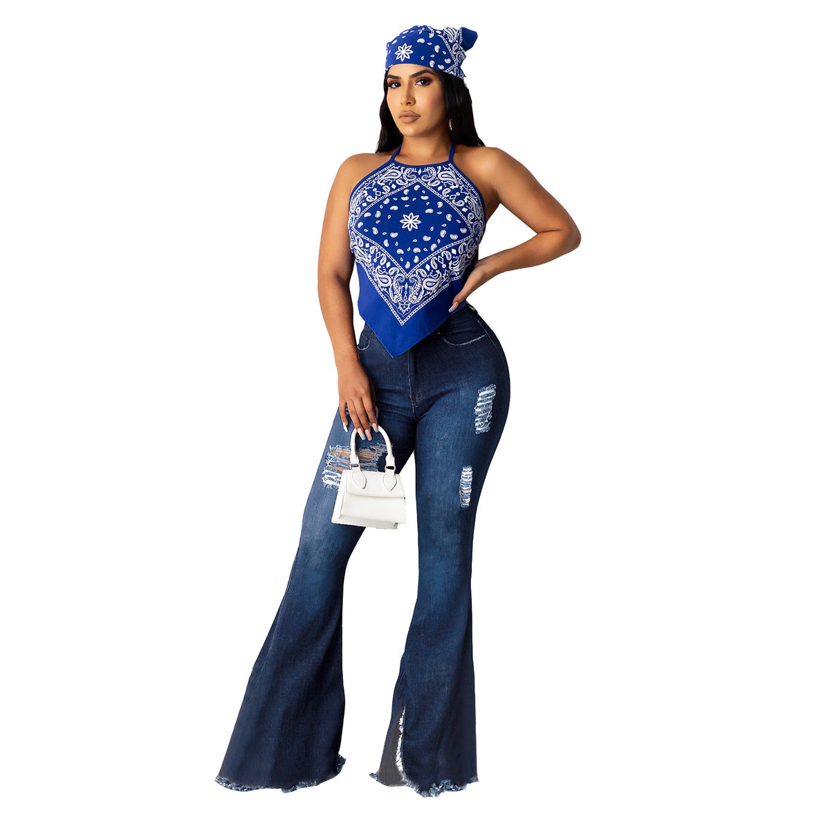Women's ripped high waisted flared pants, jeans