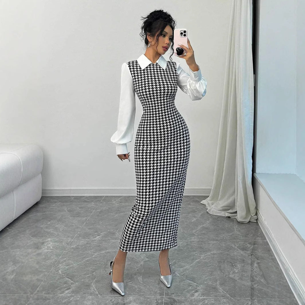 Elegant Fitted Bubble Sleeve Dress with Houndstooth Pattern, Bodycon Long Dress
