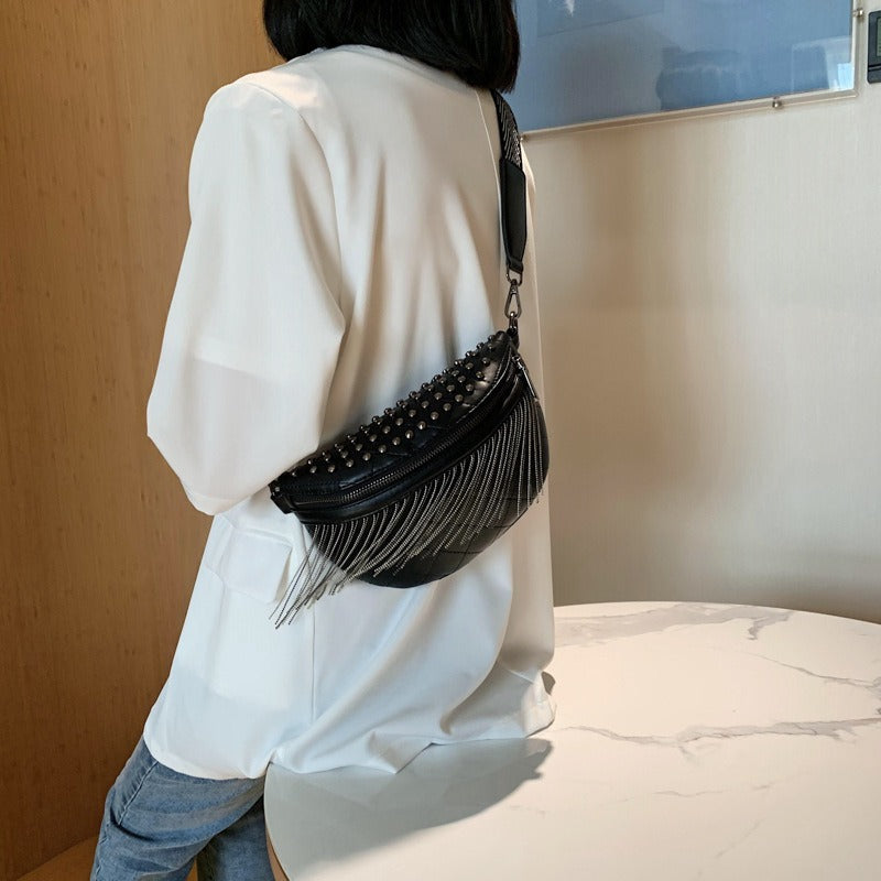 New Cross Body Rivet Casual Shoulder Bag Fashion Korean Wide Shoulder Strap Chest Bag Tassel Women's Bag