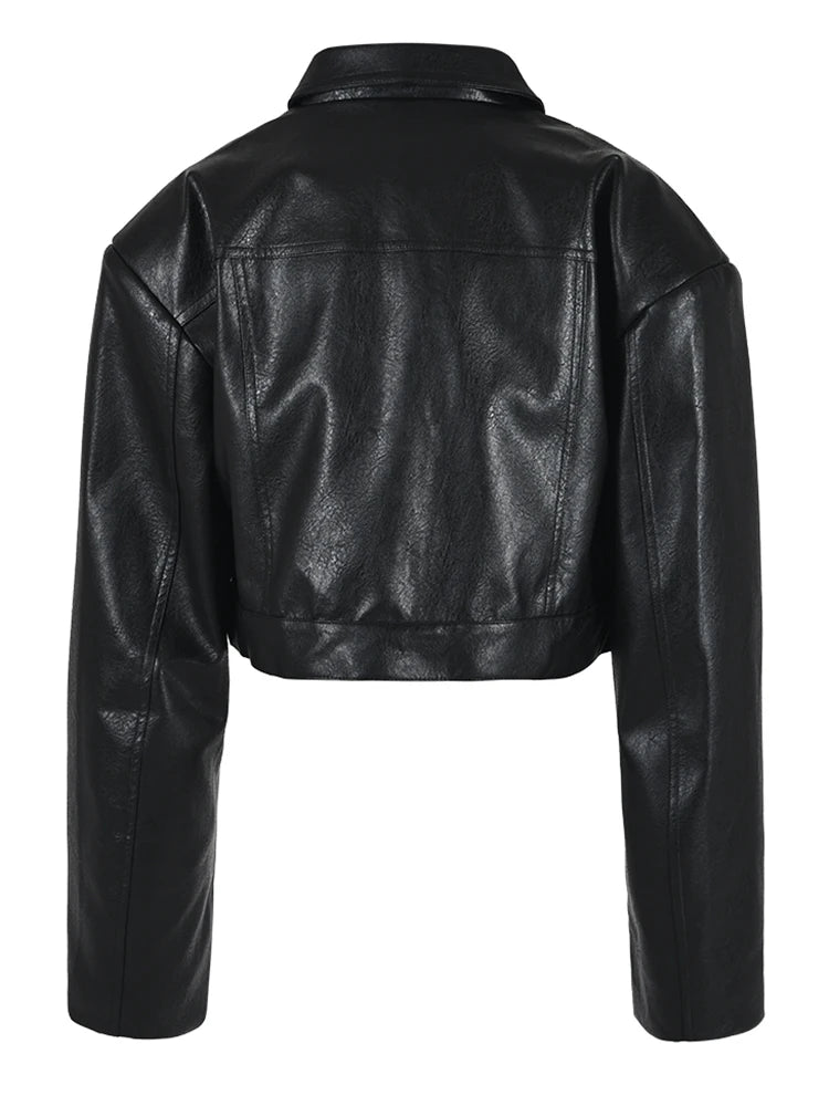 Loose Fit Black Pu Leather Big Size Short Jacket New Lapel Long Sleeve Women Coat Fashion Tide Spring Autumn