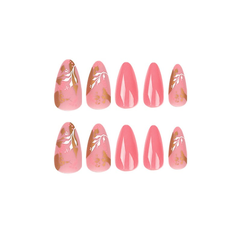 Pink Floral Gold-Foil Press-On Nails