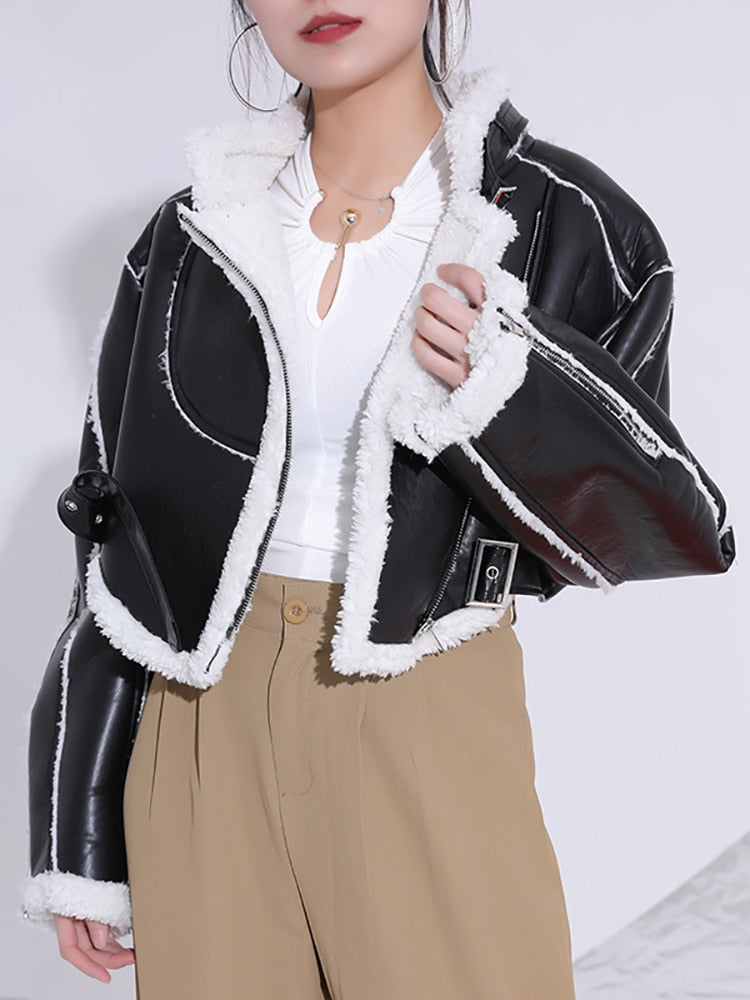 Belted Faux-Fur Moto Jacket