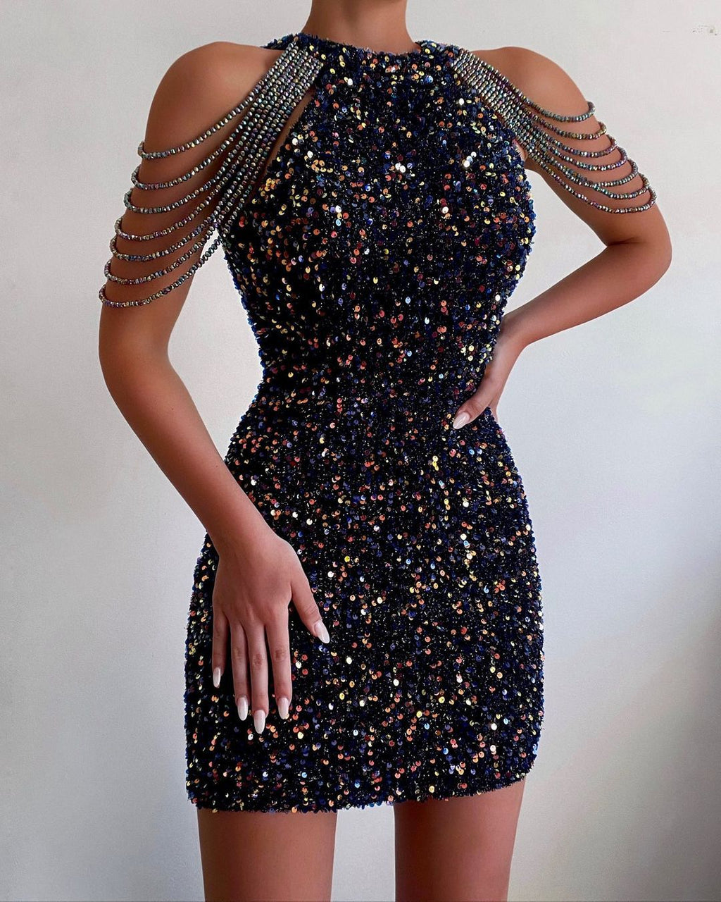 Fashion Halter Neck Sexy Crystal Tassel Bag Hip Sequin Dress Spring And Summer
