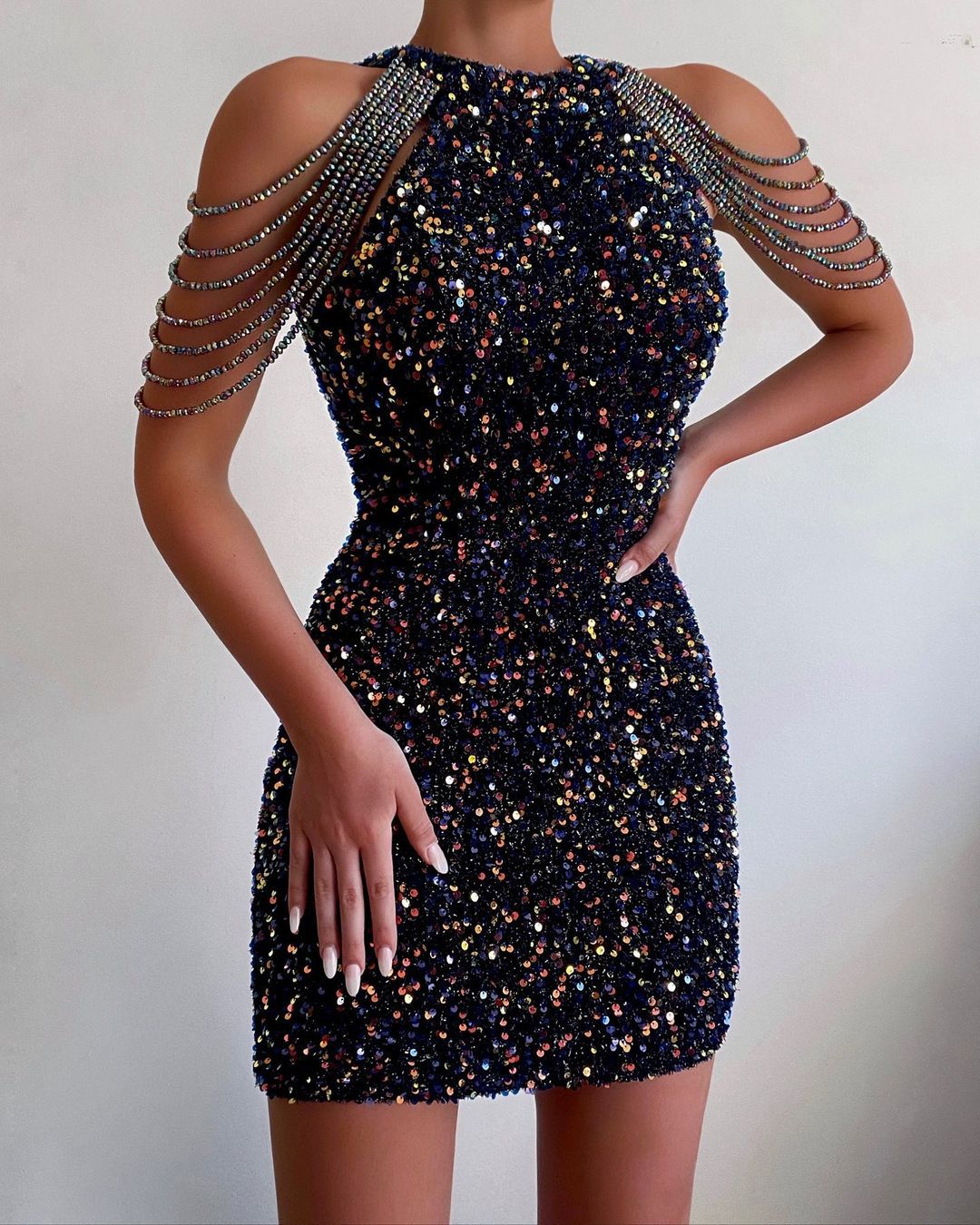 Fashion Halter Neck Sexy Crystal Tassel Bag Hip Sequin Dress Spring And Summer