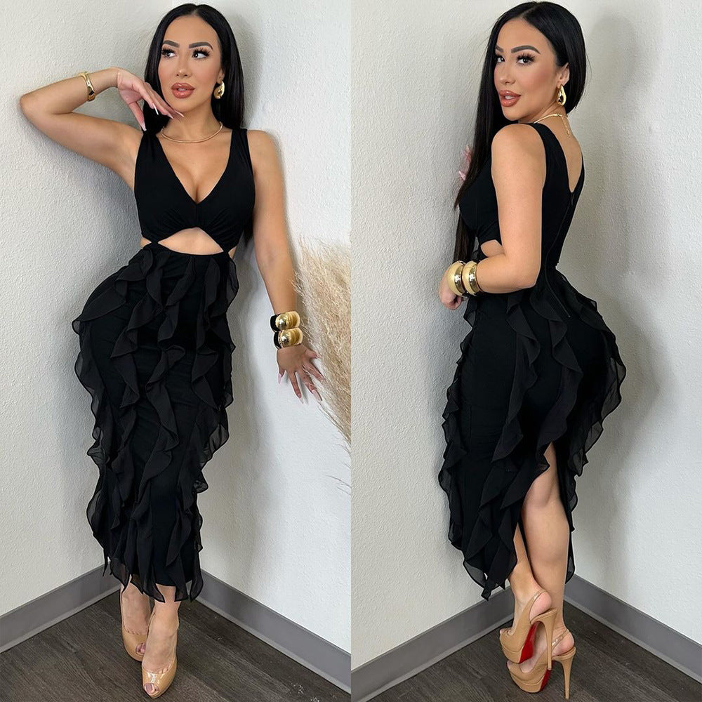 V-Neck Cutout Ruffle Maxi Dress