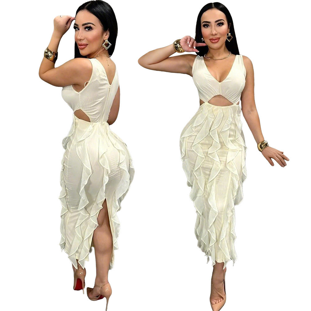 V-Neck Cutout Ruffle Maxi Dress