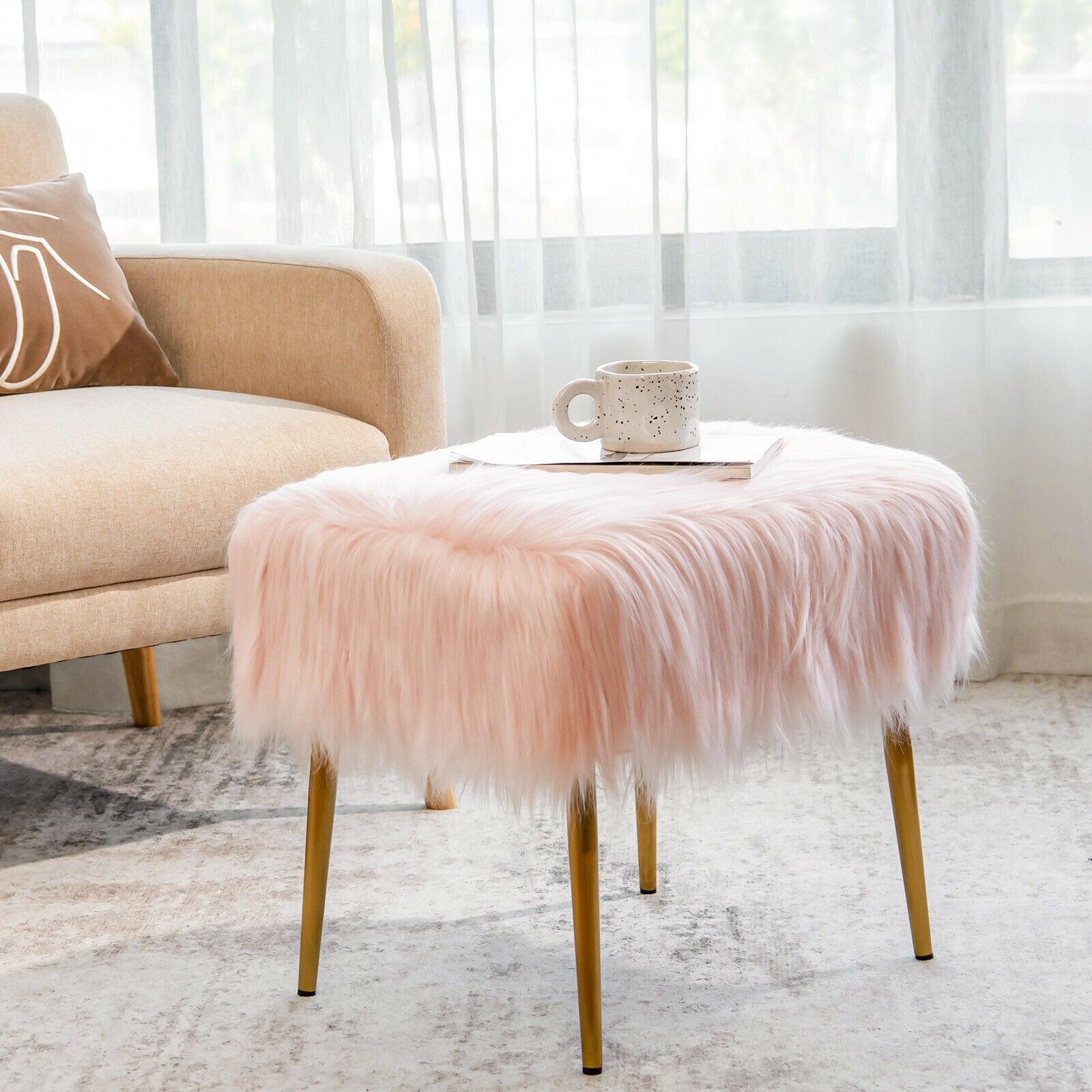 Faux Fur Vanity Stool with Golden Metal Legs for Makeup Room