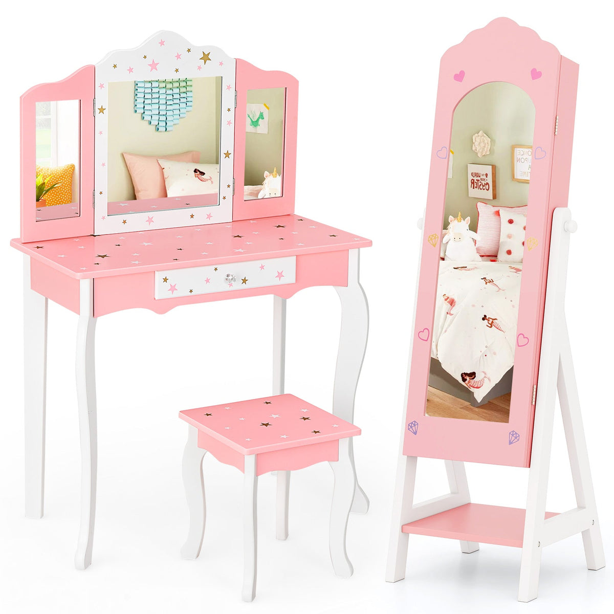 2 Pieces Kids Vanity Set and Jewelry Armoire Cabinet with Full-length Mirror