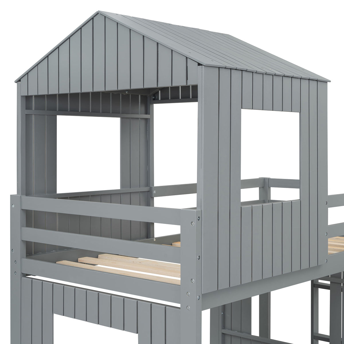 Loft Bunk Bed With Playhouse, Slide, and Guardrails - Twin Over Full