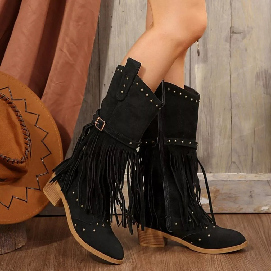 Fringe Point Toe Block Heels Boots