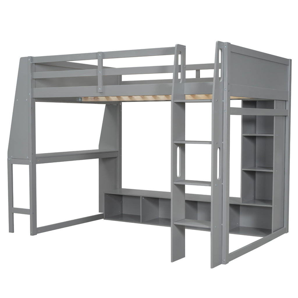 Gaming Loft Bed with Desk and Storage Shelves – LED Lighting – Black or Dark Gray