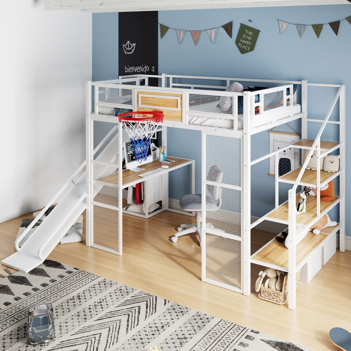 Full Loft Bed with Built-In Desk, Slide & Storage - Black or White