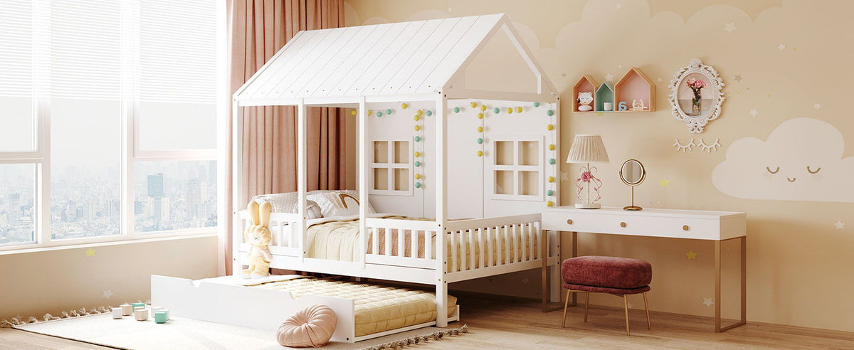 White House Bed with Trundle - Solid Pine, Full or Twin