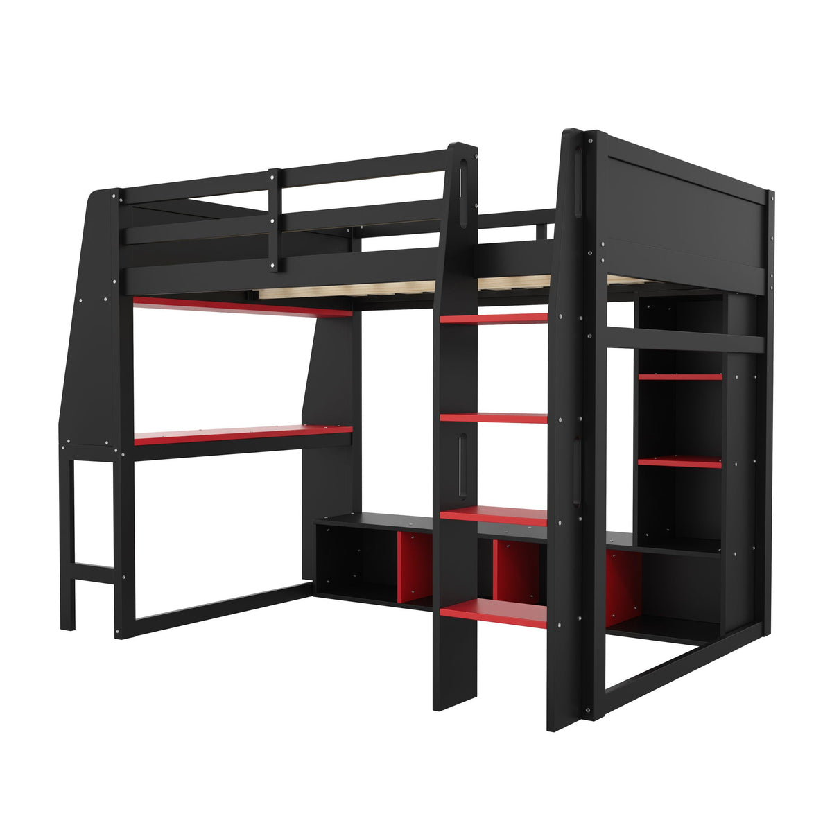 Gaming Loft Bed with Desk and Storage Shelves – LED Lighting – Black or Dark Gray