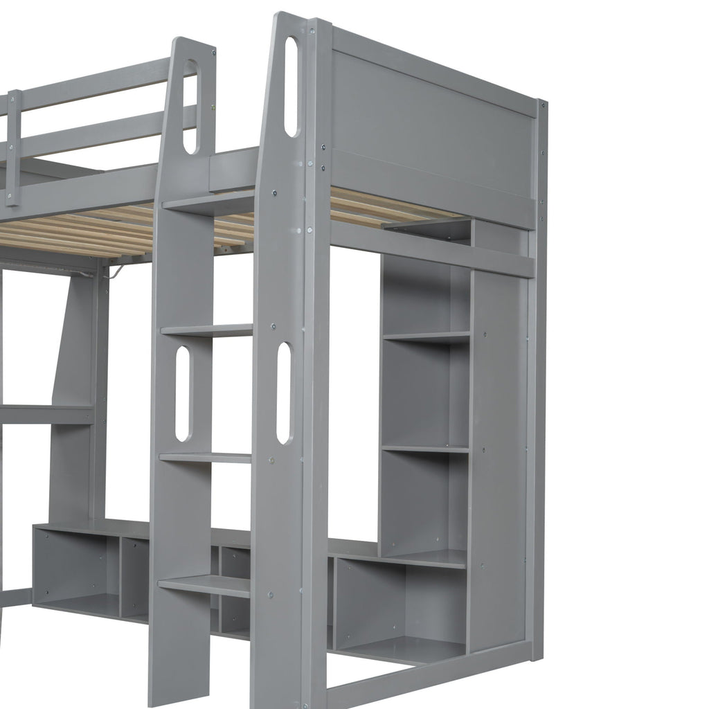 Gaming Loft Bed with Desk and Storage Shelves – LED Lighting – Black or Dark Gray