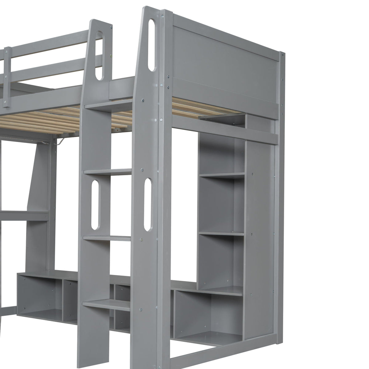 Gaming Loft Bed with Desk and Storage Shelves – LED Lighting – Black or Dark Gray