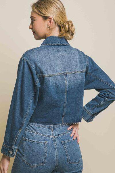 Love Tree Raw Hem Button Up Cropped Denim Jacket for Women