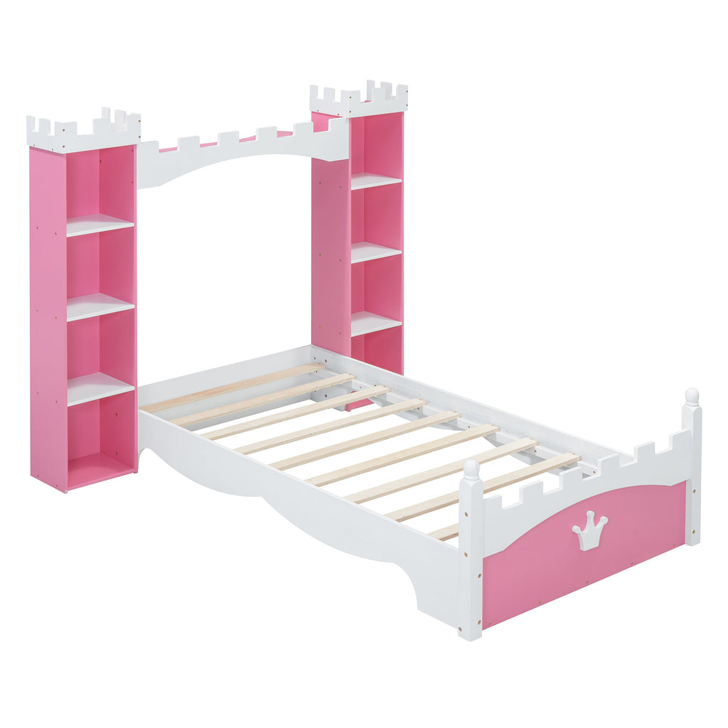 Castle-Shaped Wooden Bed with Storage Shelf, Dreamy Twin Size Platform Bed for Kids Bedroom, Pink+ White