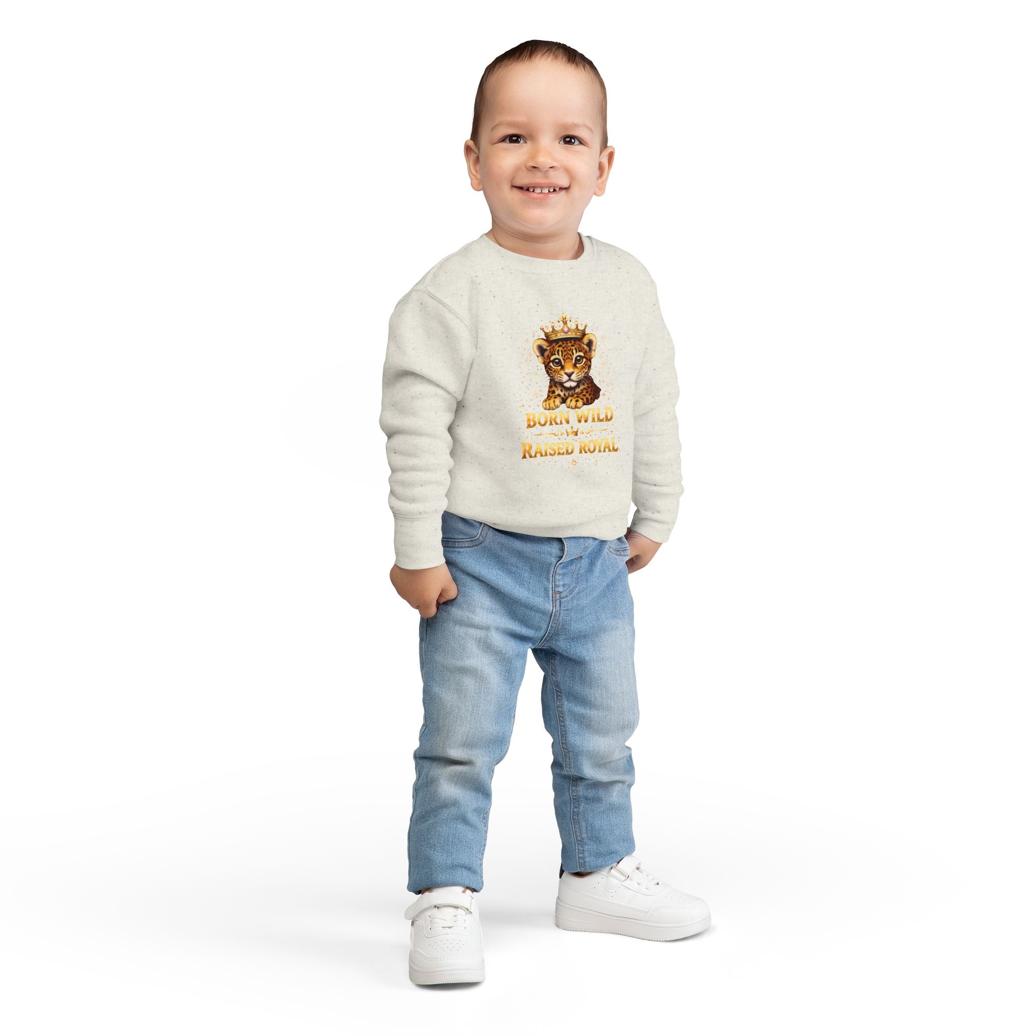 Toddler Sweatshirt - "Born Wild Raised Royal" Jaguar Cub Crowned Crewneck