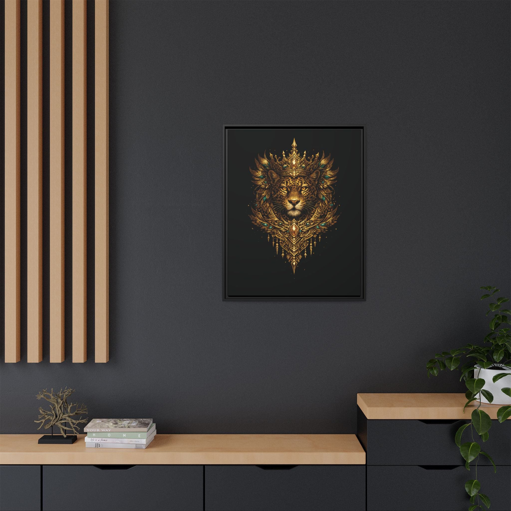 Golden Crowned Jaguar Canvas Art — Gold Crowned Lion Matte Framed Print
