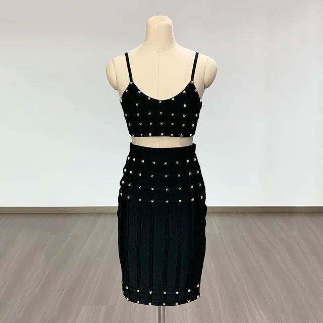 Blue Rivet Bandage Skirt Set