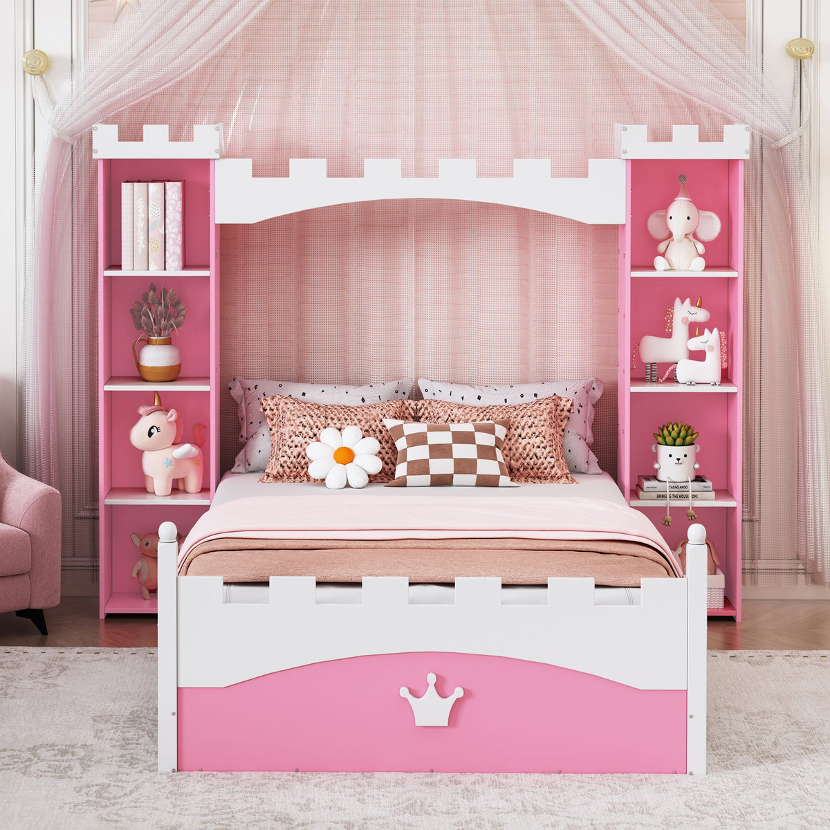Castle-Shaped Wooden Bed with Storage Shelf, Dreamy Twin Size Platform Bed for Kids Bedroom, Pink+ White