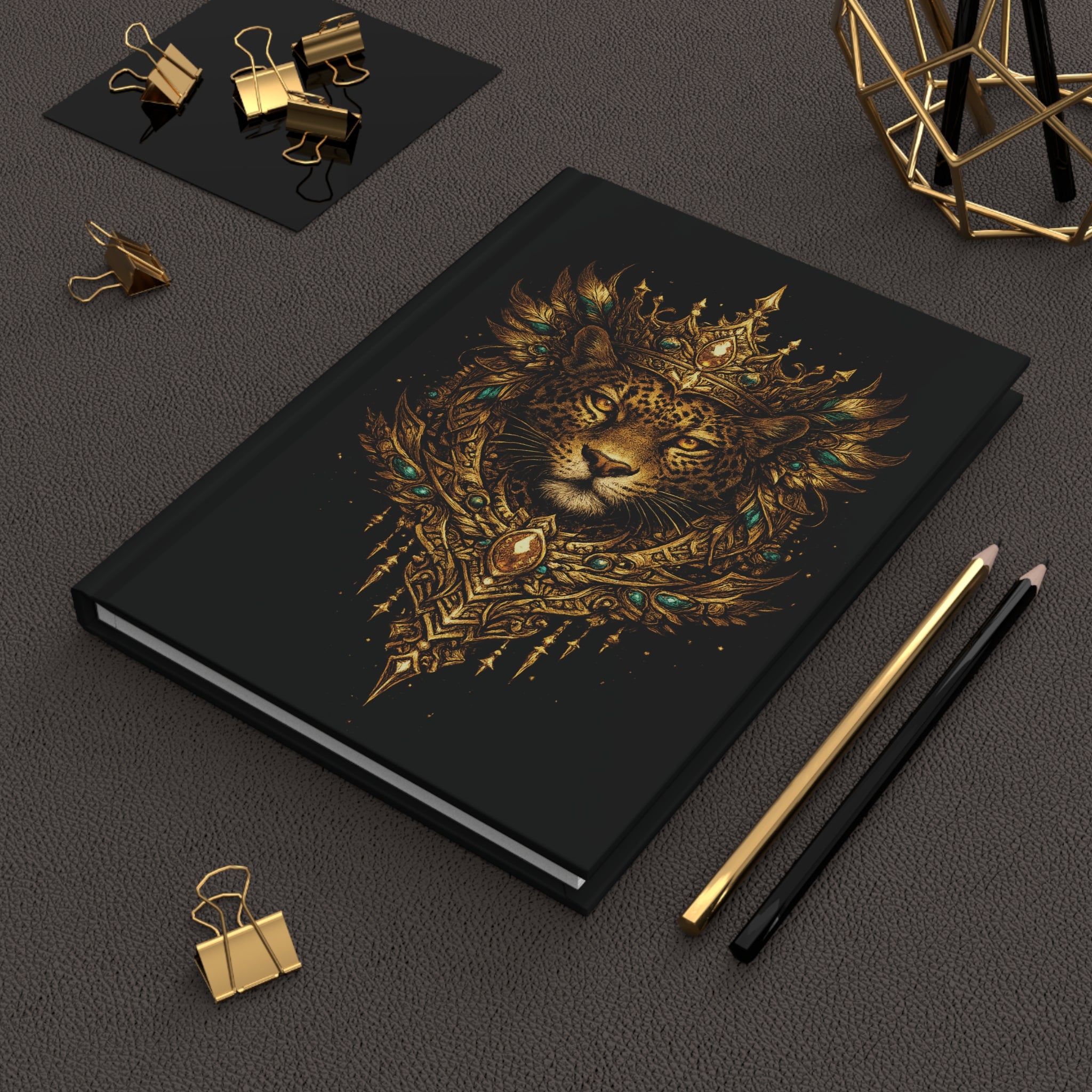Golden Crowned Jaguar Hardcover Journal — Regal Gold Animal Illustration Notebook