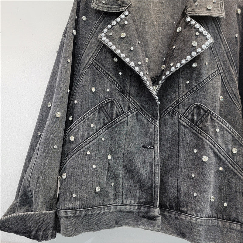 bead studded diamond retro motorcycle denim jacket women's jacket
