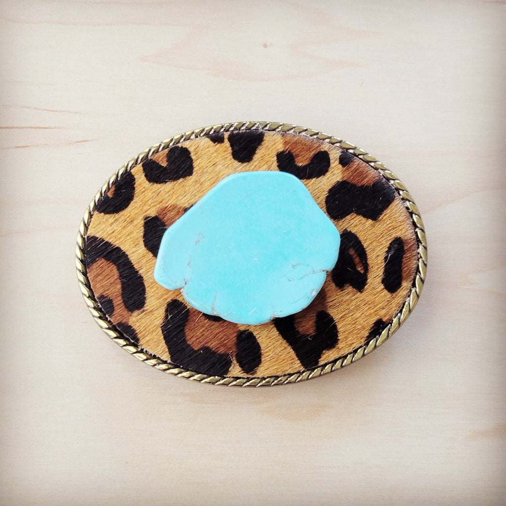 Rope Edge Leopard Leather Belt Buckle w/ Blue Turquoise 907t