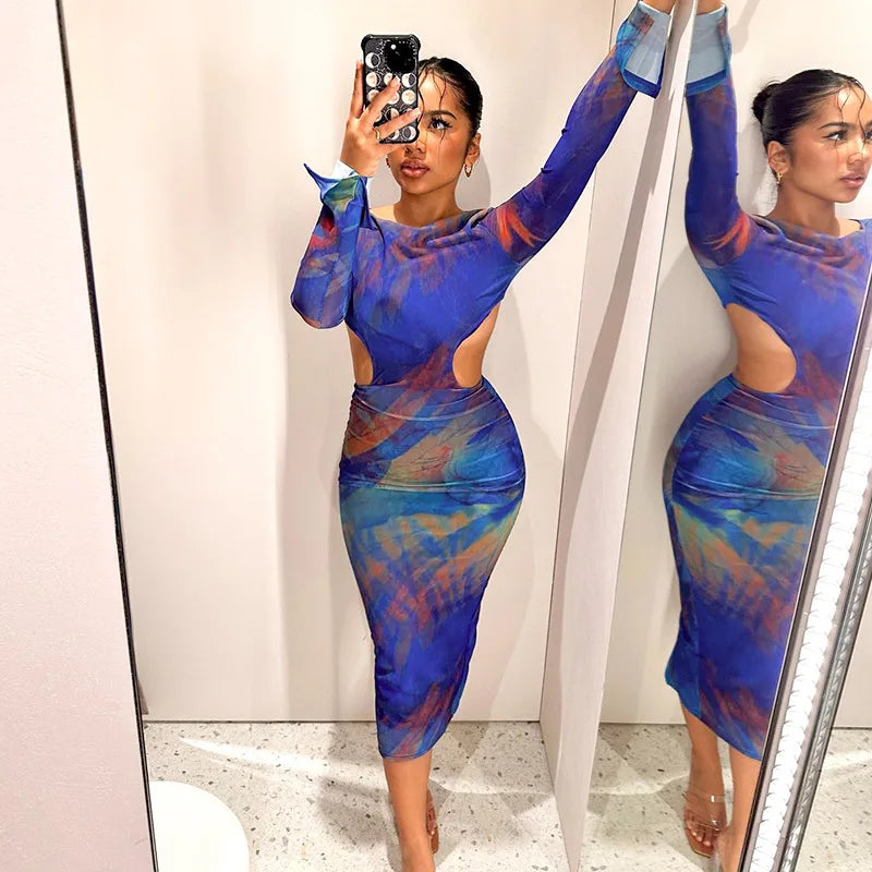 Blue Mesh-Sleeve Cutout Maxi Dress